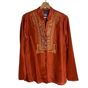 Beliza Women's Embroidered Silk Tunic Top‎ Burnt Orange XL